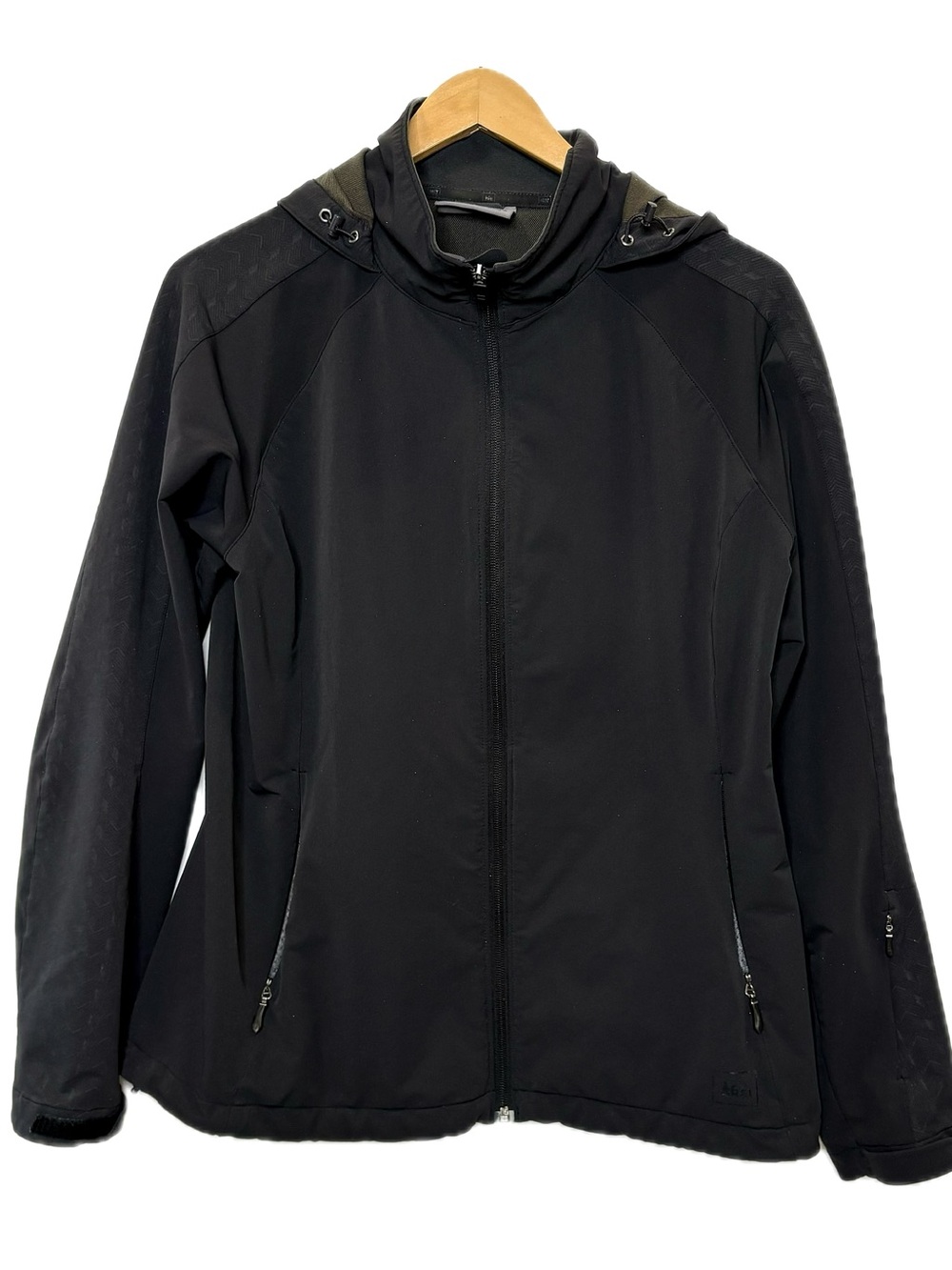 REI Softshell Hooded Rain Jacket Womens Size Large Black Full Zip 4 Way Stretch